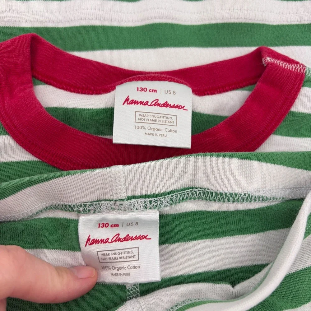 Hanna Andersson‎ Kids 8 Organic Cotton Pajamas Green White Striped Christmas PJs